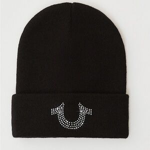 True Religion Black Beanie with Silver Logo